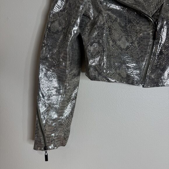 Bebe Jacket Small Silver Cropped Moto Snakeskin Print Metallic Zip y2k disco - Picture 2 of 10